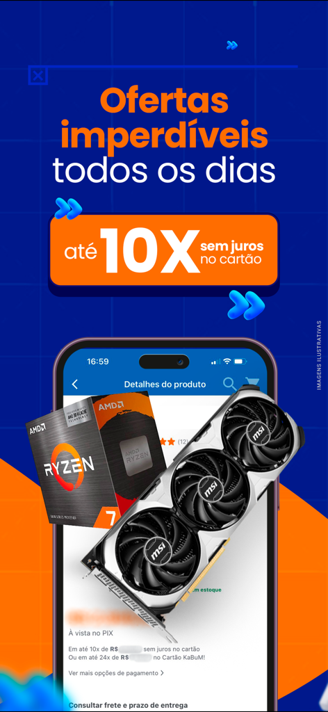 KaBuM mobile app promotional screen showing daily deals on computer components like AMD Ryzen processors and MSI graphics cards