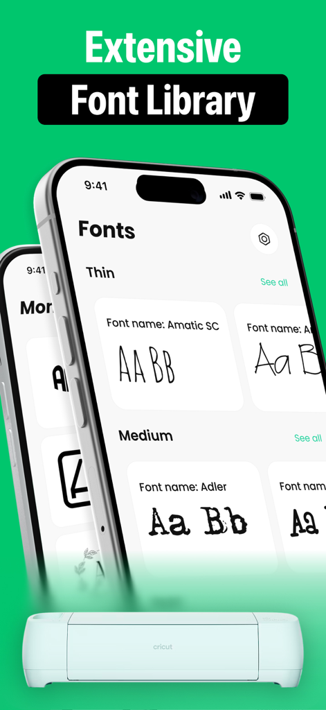 Mobile app interface showing a diverse collection of fonts for Cricut Design Studio