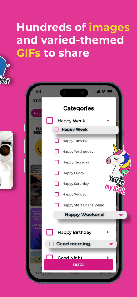 Good Morning Afternoon & Night - A mobile app interface displaying a list of greeting card categories like Happy Tuesday Happy Birthday and Good Morning