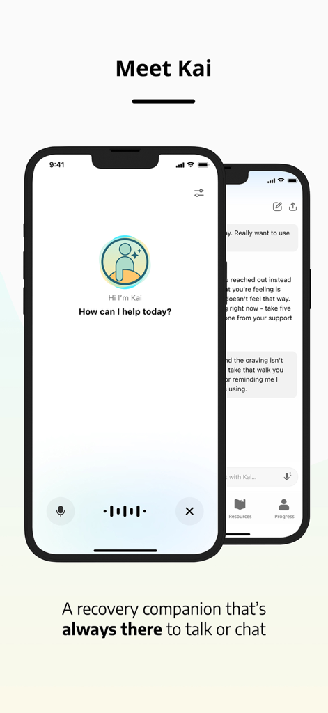 OpenRecovery - OpenRecovery app screenshot showing Kai the AI recovery assistant interface for voice and text chat