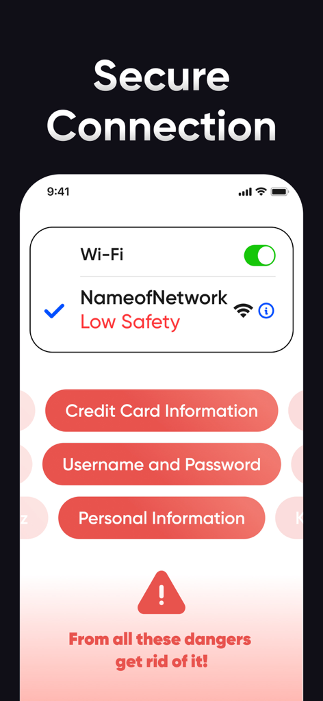 ProtectVPN app screen showing security risks on unsecured Wi-Fi networks
