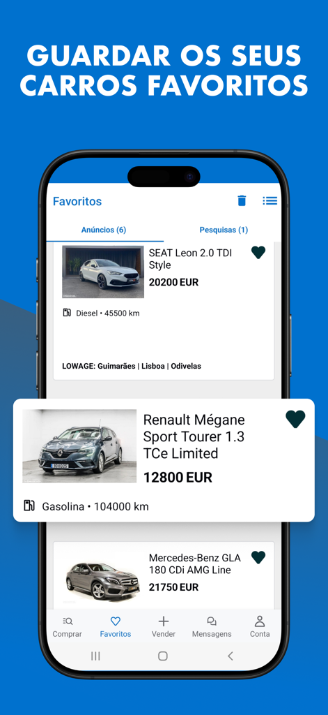 Standvirtual: Car Marketplace - Interfaz de la aplicación móvil Standvirtual mostrando una lista de anuncios de coches favoritos guardados con precios y detalles del vehículo.