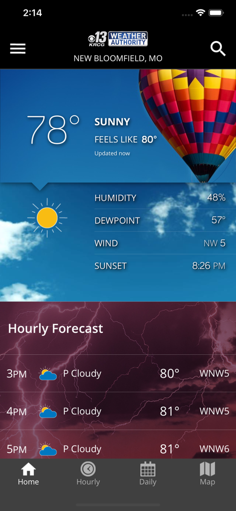 KRCG 13 Weather Authority app showing sunny conditions and hourly forecast for New Bloomfield Missouri.