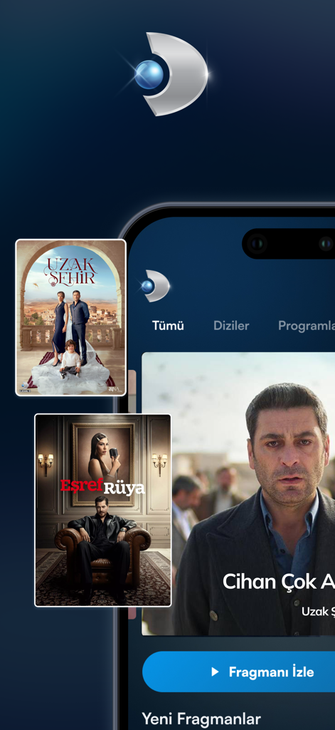 Interfaccia dell'app Kanal D che mostra poster di serie turche e un pulsante trailer