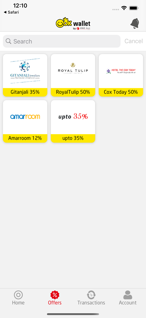 Ein Bildschirm in der OK Wallet App, der verschiedene Händlerangebote für Hotels und Juweliergeschäfte in Bangladesch anzeigt.