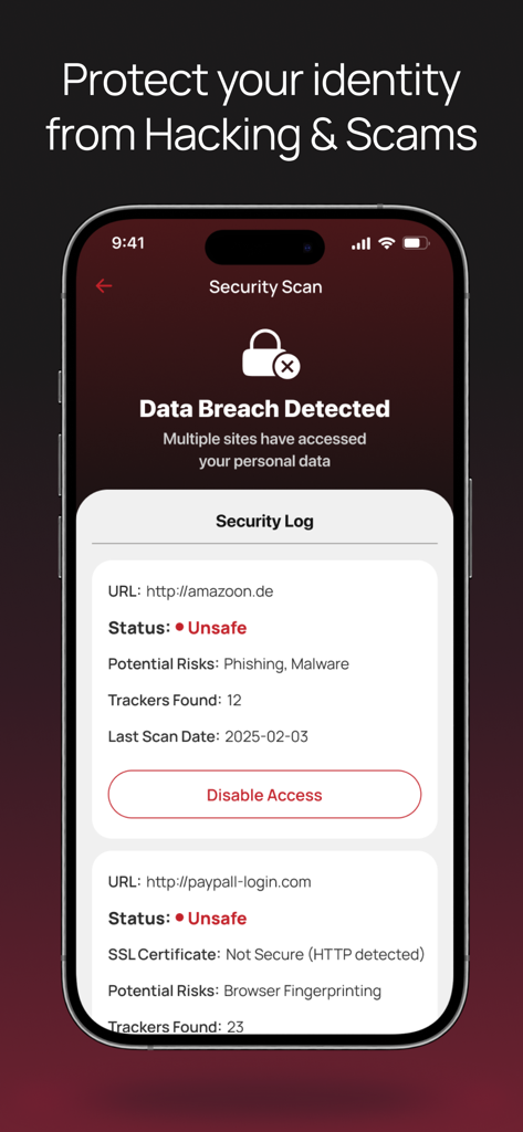 Tela de verificação de segurança mostrando detecção de violação de dados e uma lista de sites inseguros com riscos de phishing.