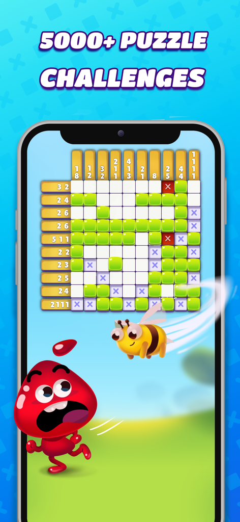 Nonogram Crossing Logic Puzzle - Handy-Gameplay, das ein Nonogramm-Logikrätselgitter mit niedlichen skurrilen Charakteren und dem Text "5000 Rätselherausforderungen" zeigt.