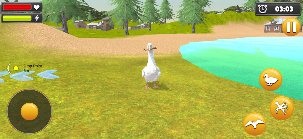 Crazy Goose Duck Tales - Personaje de ganso blanco sosteniendo un palo en un nivel exterior 3D con lago y casas