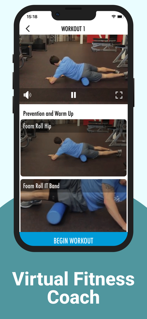MuscleMax - Men's Workout - MuscleMax app interface showing a virtual fitness coach with video instructions for foam rolling warm-up exercises