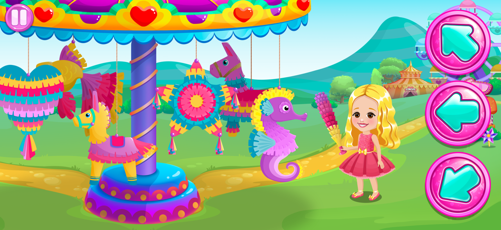 Like Nastya: Party Time - Nastya 캐릭터가 동물 모양의 피냐타로 가득 찬 다채로운 회전목마 옆에 서 있는 모습