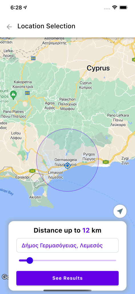 Homy - Vista de mapa de la pantalla de selección de ubicación de la aplicación Homy para bienes raíces en Chipre