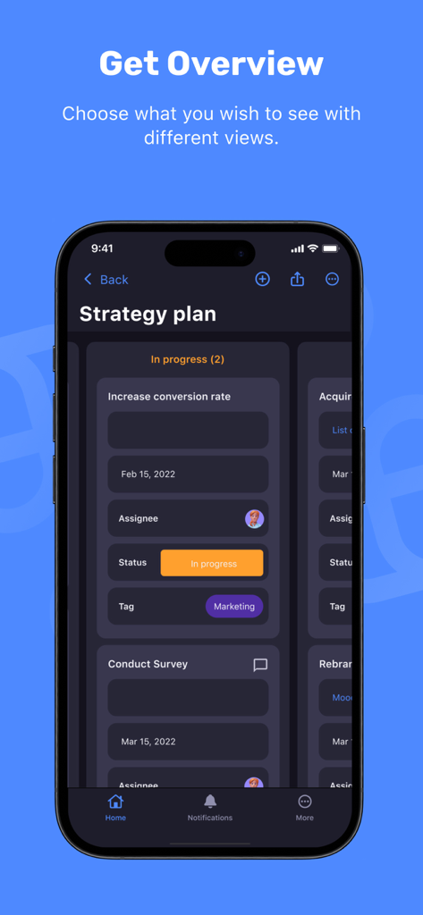 Schermata del piano strategico dell'app mobile Plaky che mostra schede attività e panoramica dello stato