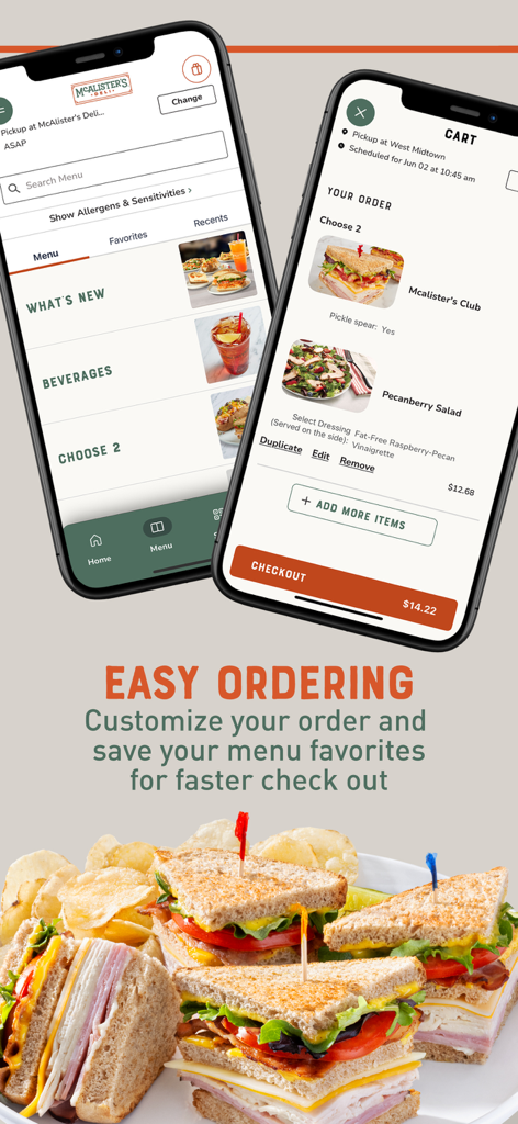 McAlisters Deli mobile app interface showing menu selection and cart checkout