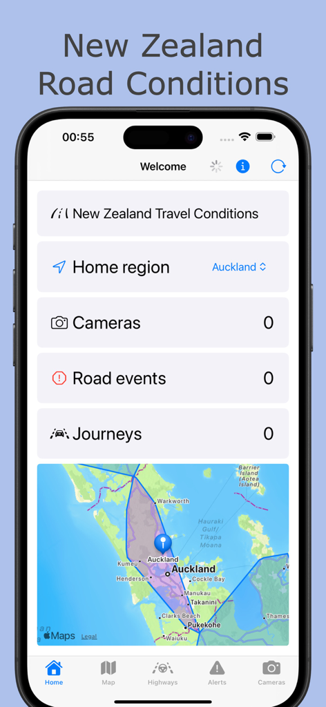 New Zealand Road Conditions - Panel de control de la aplicación New Zealand Road Conditions que muestra resúmenes de viaje y un mapa de Auckland