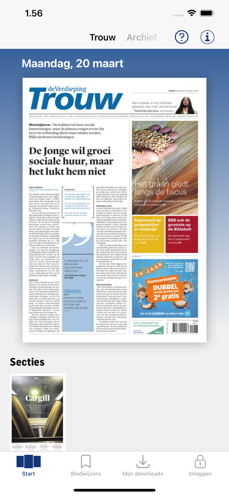 Trouw digitale krant - Schermata principale dell'app Trouw che mostra una replica digitale dell'edizione del quotidiano e il menu di navigazione