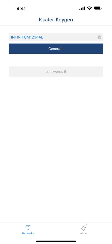 Router Keygen: WiFi Passwords - Interfaz de la aplicación Router Keygen que muestra la pantalla de generación de contraseñas wifi con un campo de nombre de red y un botón de generar
