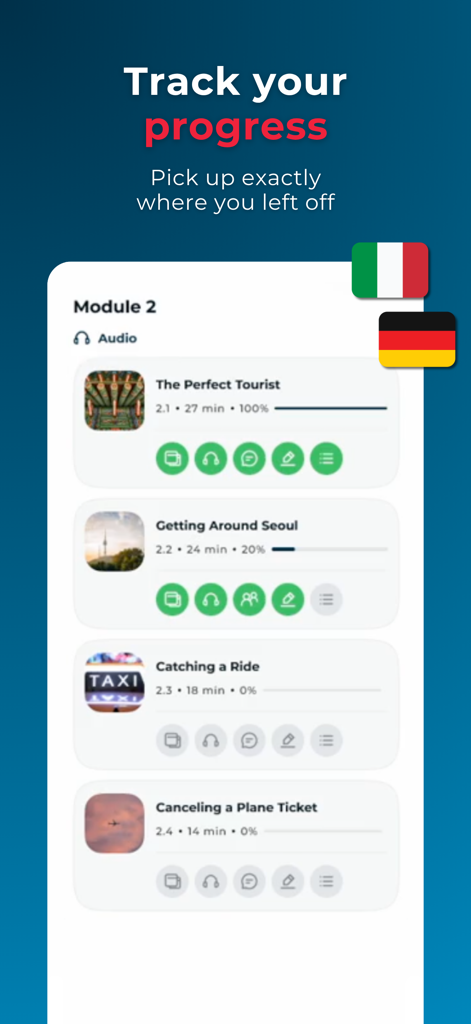 Rocket Languages - Rocket Languages app interface showing a list of audio modules with progress tracking bars