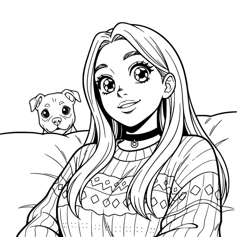 aesthetic girl with a cute sweater also a chocker necklace and long hair and a little pitbull pup in the background