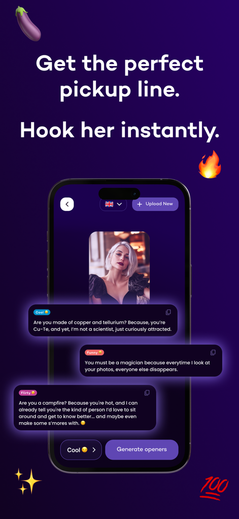 Flirtist - AI Dating Assistant - Interface of Flirtist app displaying AI-generated pickup lines in cool, funny, and flirty tones for dating apps.