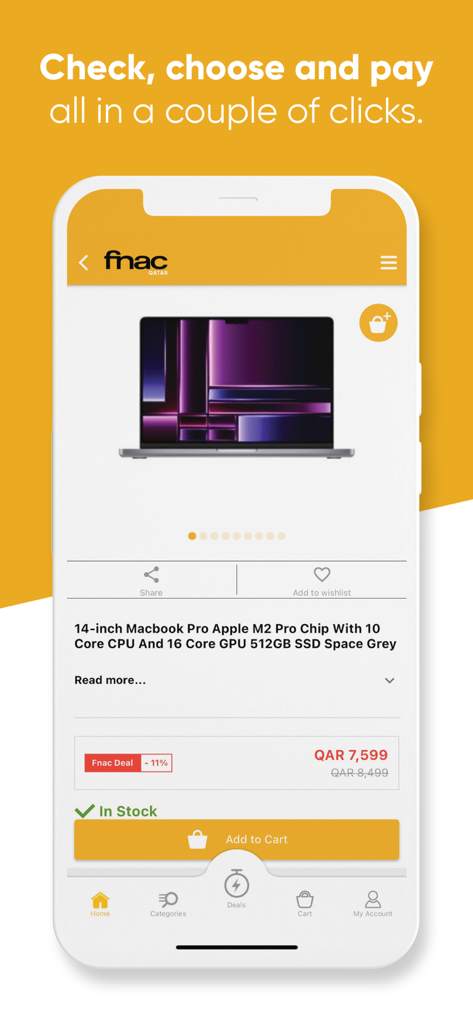 Fnac Qatar - Página de produto do aplicativo Fnac Qatar exibindo um MacBook Pro com preço e botão adicionar ao carrinho