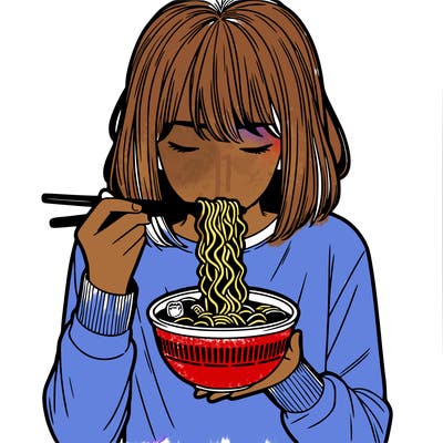 a girl realistic eating ramen noodles