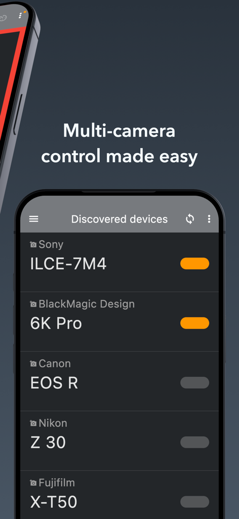 BT Cam: DSLR Mirrorless remote - 멀티 카메라 원격 제어를 위한 검색된 장치 목록을 보여주는 BT Cam 앱 인터페이스
