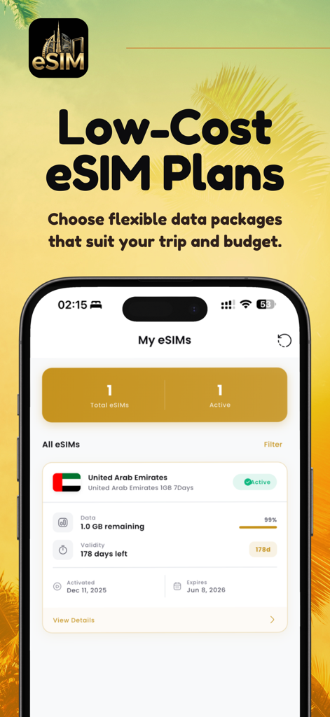 Dubai eSIM: Travel Internet - Mobile App-Oberfläche mit günstigen eSIM-Datentarifen für Dubai- und VAE-Reisende