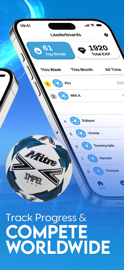 Soccer Training IQ - Soccer Training IQ app leaderboard interface showing world rankings and player progress tracking