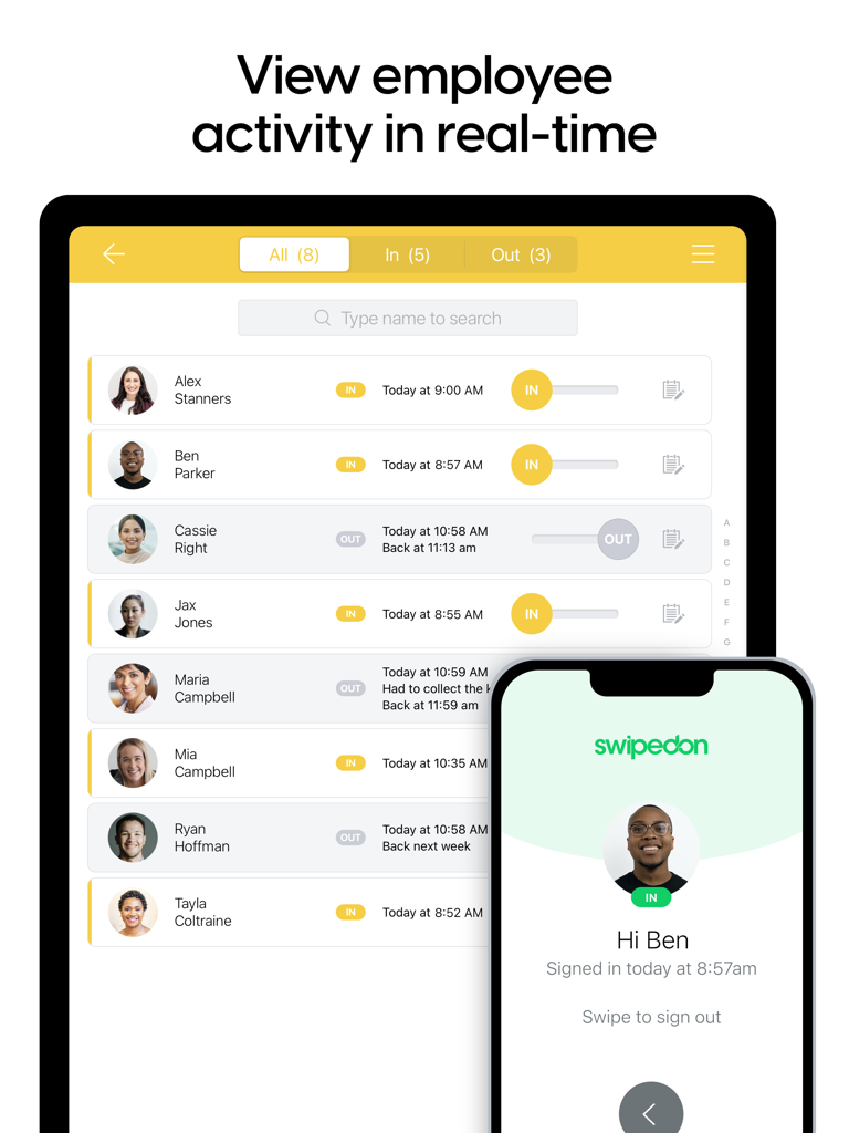 Real time employee activity and sign in status on SwipedOn app