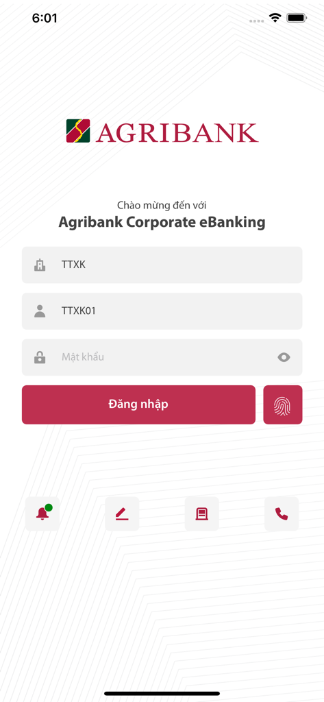 Login screen of the Agribank Corporate eBanking app