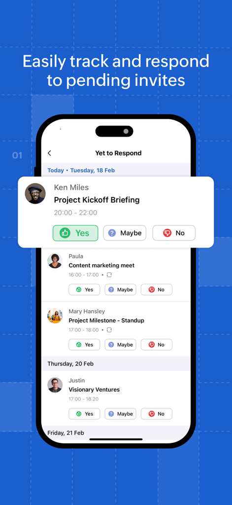 Tela do Zoho Calendar mostrando convites de reunião pendentes com opções de resposta