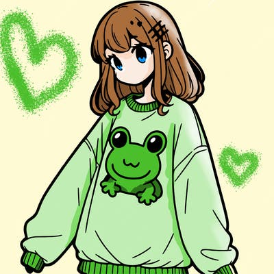 girl wearing frogging sweatshirt