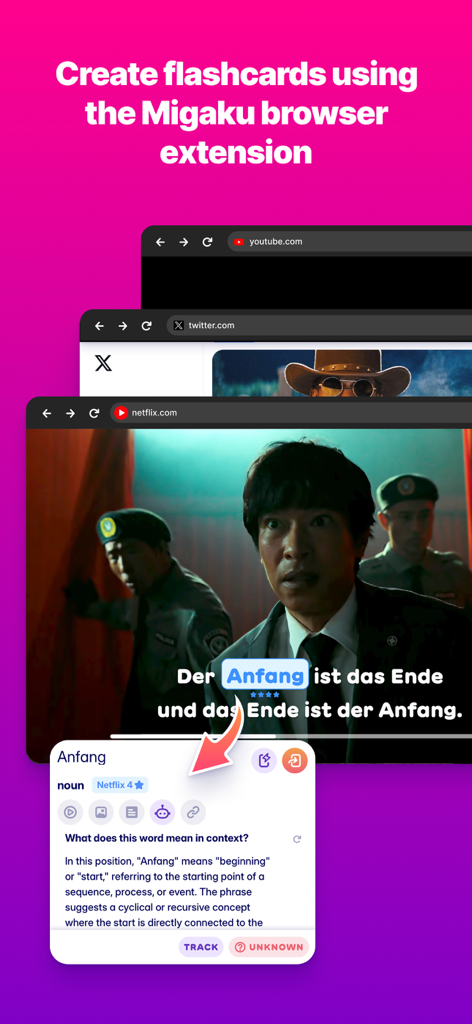 Migaku: Really Learn Languages - Migakuブラウザ拡張機能を使用してNetflixの字幕から言語フラッシュカードを作成している