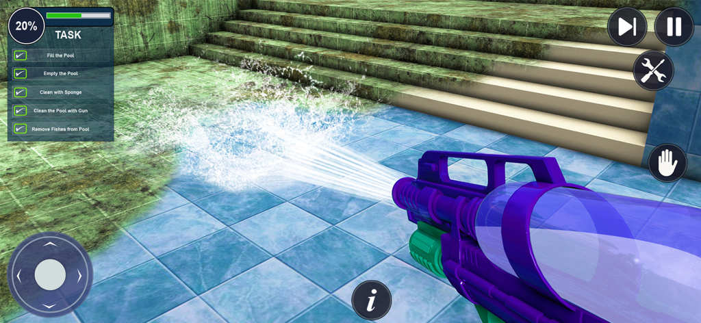 Swimming Pool Cleaning Games - A first person view of a purple pressure gun cleaning dirty algae off swimming pool tiles in a simulator game