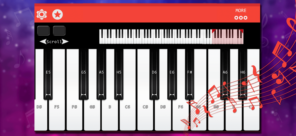 Real Piano : Be Pianist Hero - Digital piano keyboard interface with labeled keys and floating musical notes
