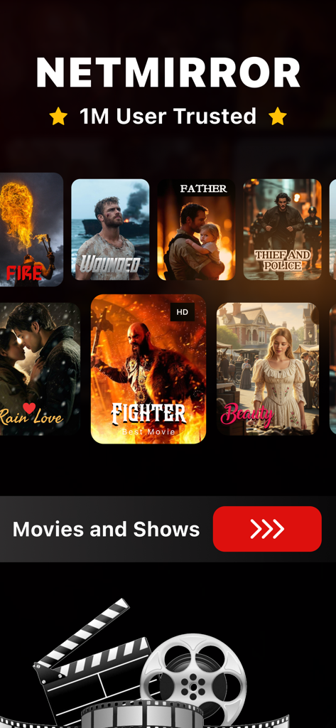 NetMirror APP - Watch Movies - NetMirror app interface showing trending movie and TV show posters for user discovery