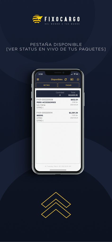 Fixo Cargo - Fixo Cargo mobile app screen showing a list of available packages with live status tracking and payment options.