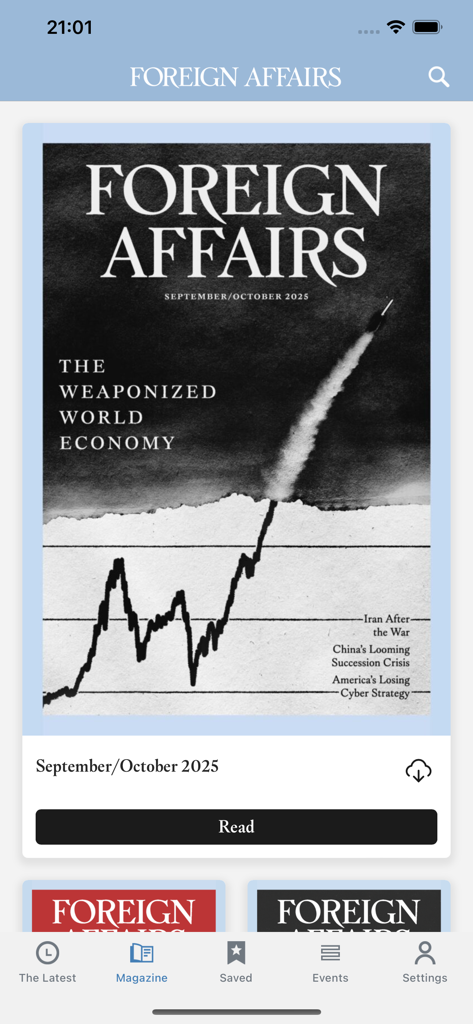 Foreign Affairs Magazine - A screenshot of the Foreign Affairs Magazine mobile app featuring the September and October 2025 issue cover titled The Weaponized World Economy.