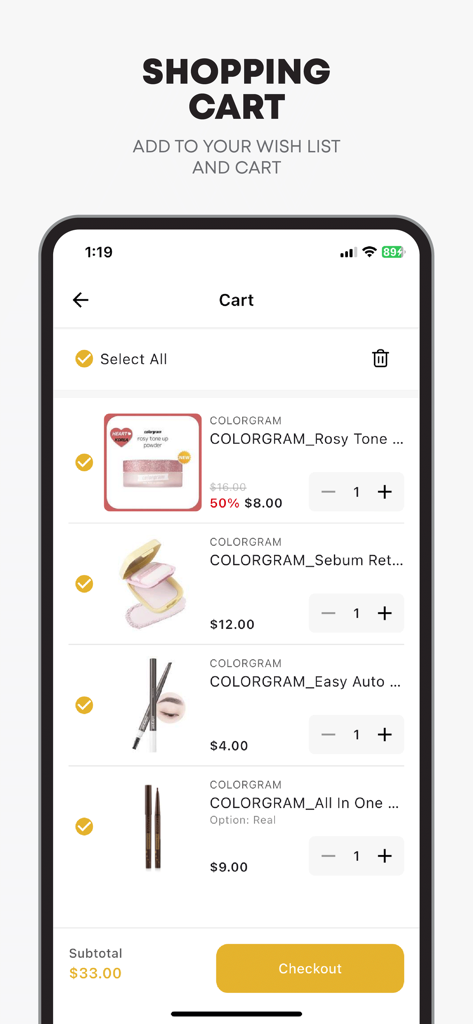 Kビューティー製品を表示するGOODY SHOPモバイルアプリのショッピングカートページ