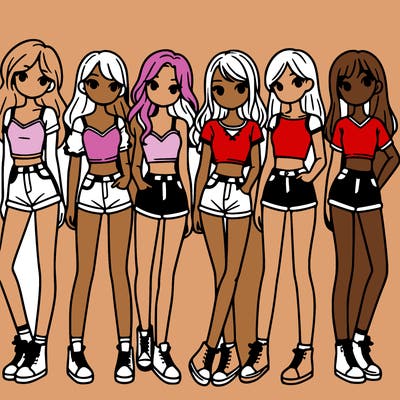 a group of girls wearing crop tops and shorts