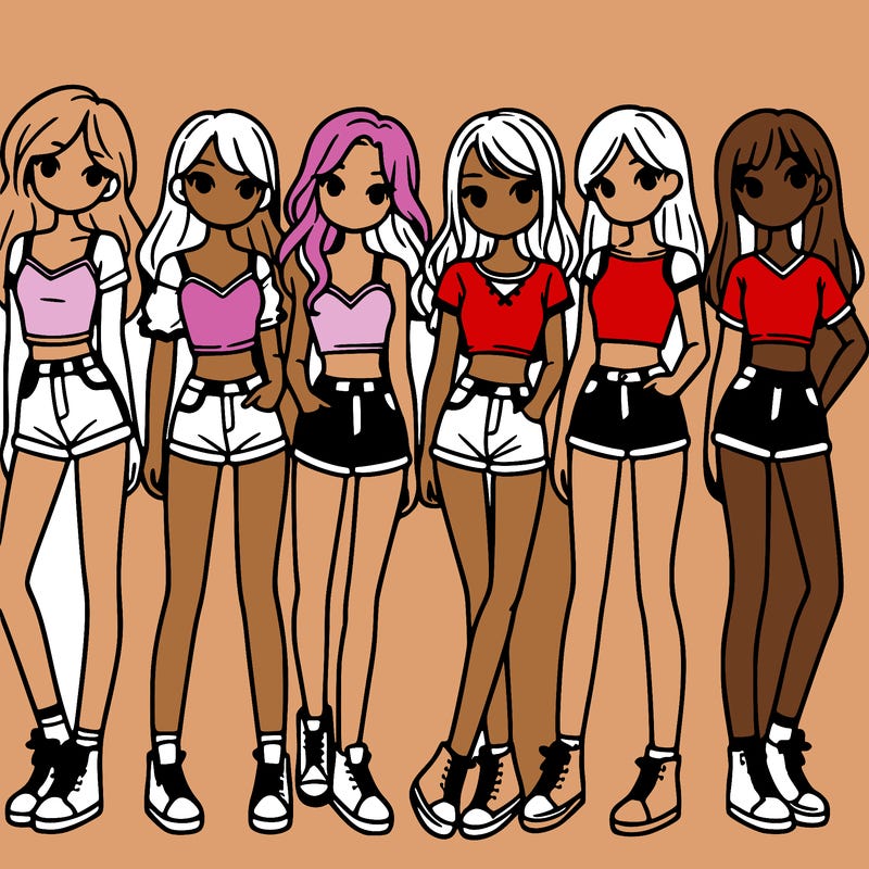 a group of girls wearing crop tops and shorts