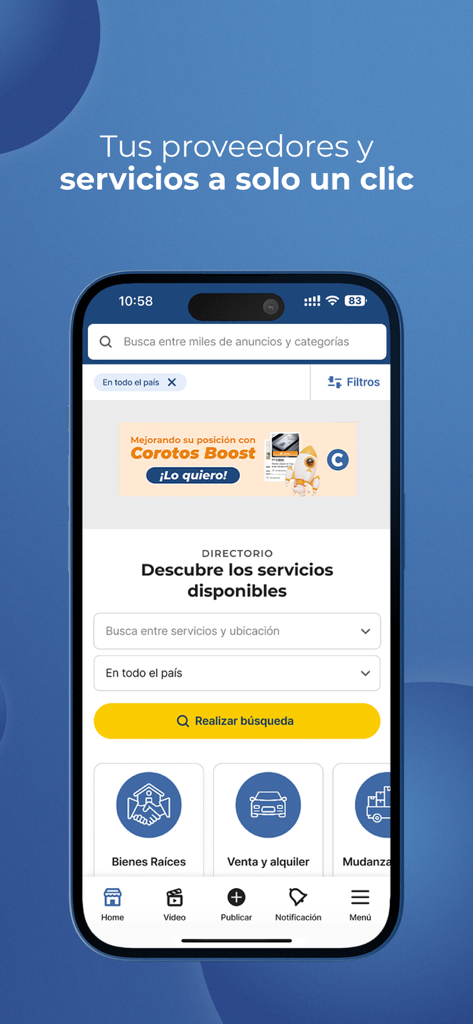 Corotos compra y vende - Diretório do app móvel Corotos mostrando serviços para imóveis e aluguel de veículos