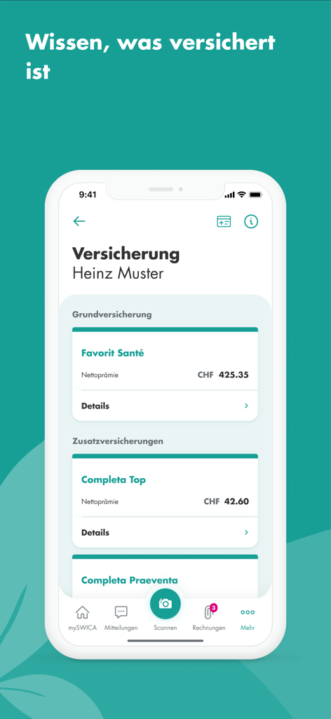Screenshot of the mySWICA app showing a summary of health insurance plans and premium costs.