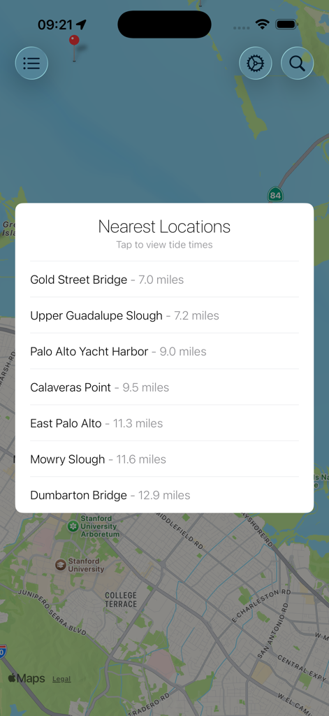 My Tide Times Pro - Tide Chart - Nearest tide locations list overlay on a map in the My Tide Times Pro app interface