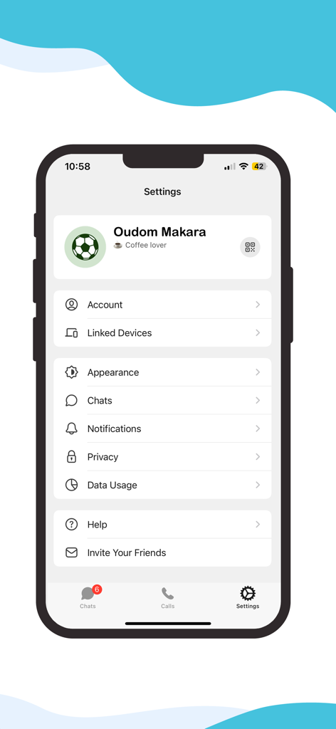 The settings menu of CoolApp Messenger on an iPhone showing user profile and privacy options.
