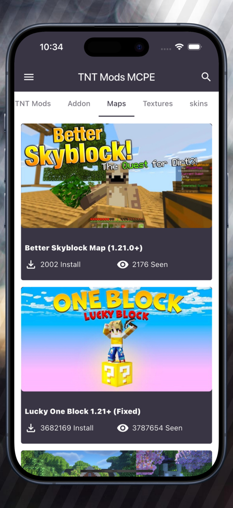 TNT Boom Mods for Minecraft PE - Interfaz de la app de mods de Minecraft PE mostrando las opciones de mapa Skyblock y Bloque de la Suerte