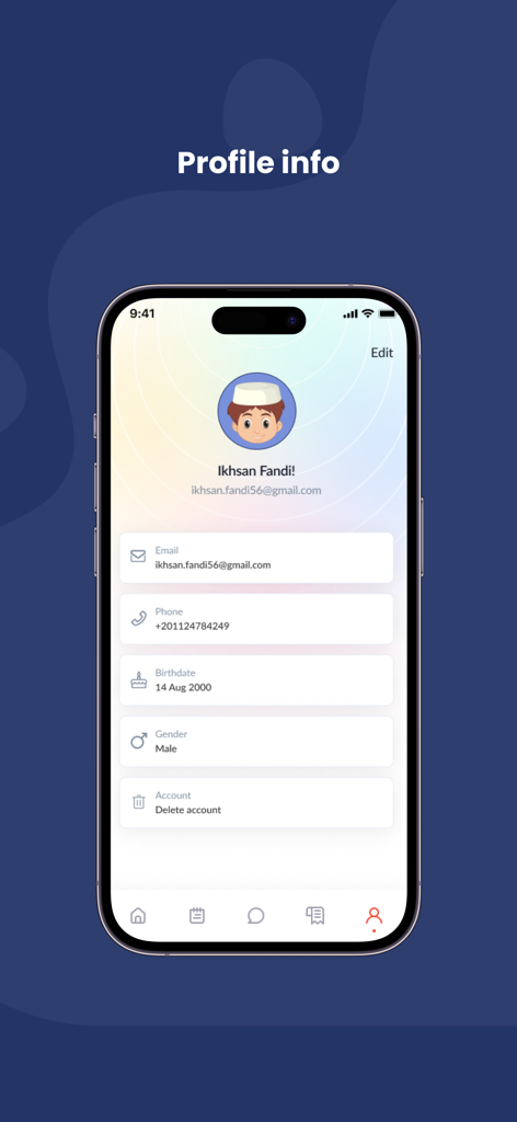 Noor institute - Pantalla de información del perfil en la aplicación del Instituto Noor que muestra detalles del usuario como nombre, correo electrónico y número de teléfono