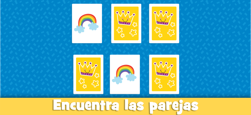 Un juego de memoria para niños con arcoíris y coronas de la aplicación educativa Las vocales