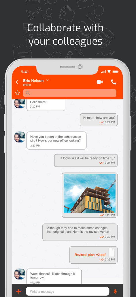DataPhone Softphone-App-Oberfläche, die Team-Chat und sichere Dateifreigabefunktionen anzeigt