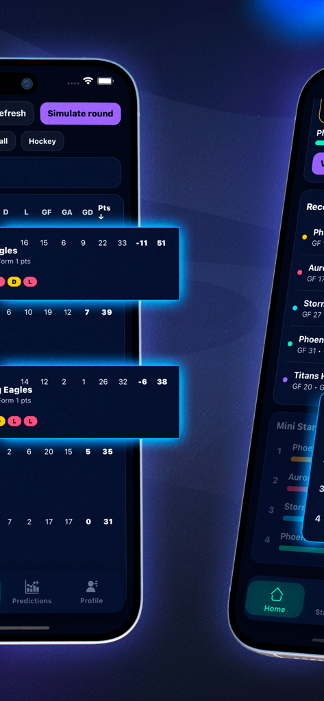 RainGames Hub app showing sports league standings and match simulation interface